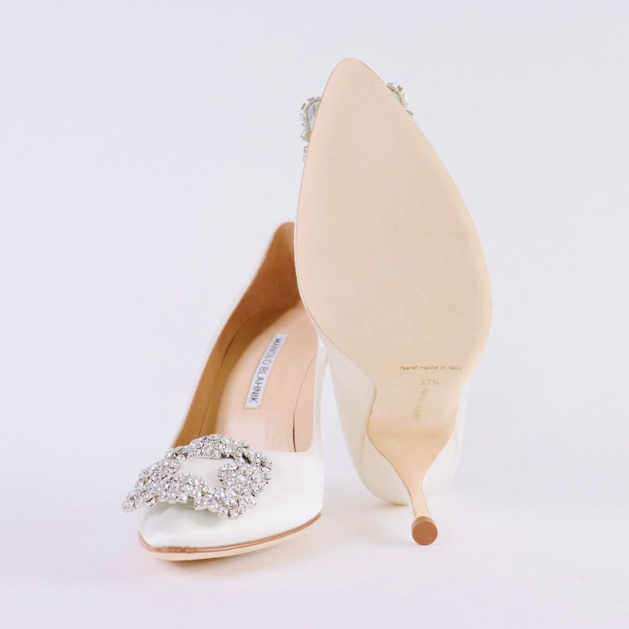MANOLO BLAHNIK HANGISI White Satin Jewel Buckle Pumps