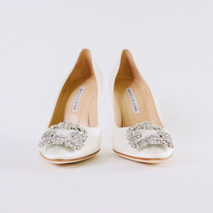 MANOLO BLAHNIK HANGISI White Satin Jewel Buckle Pumps