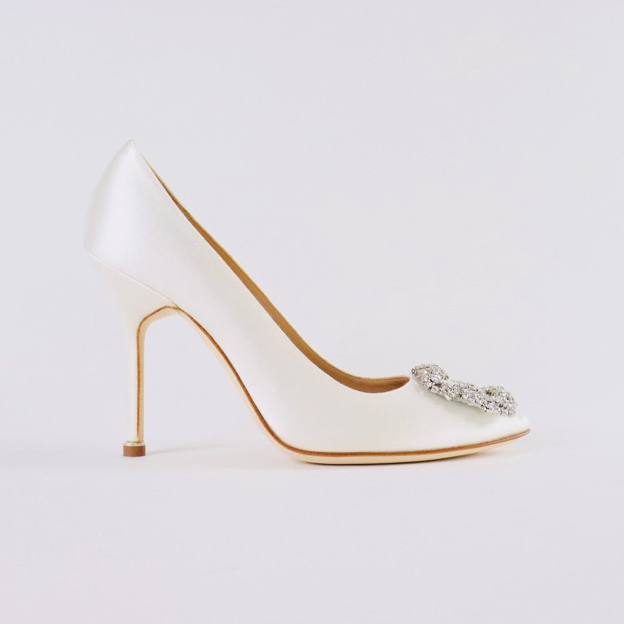 MANOLO BLAHNIK HANGISI White Satin Jewel Buckle Pumps