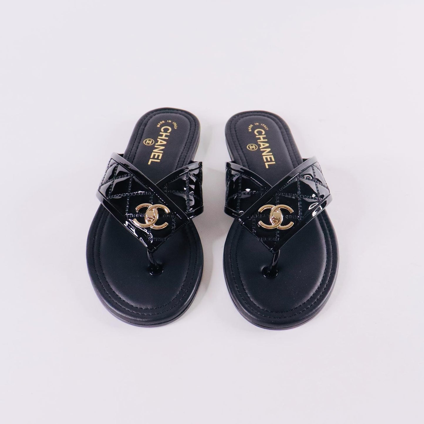 Patent CC Quilted Sandals