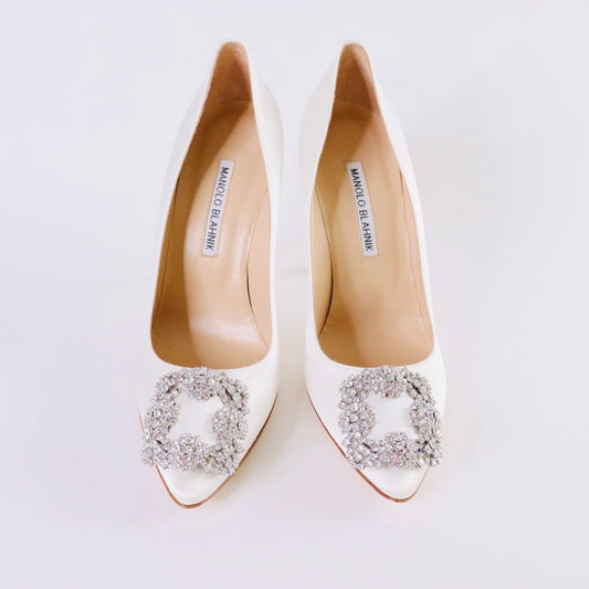 MANOLO BLAHNIK HANGISI White Satin Jewel Buckle Pumps